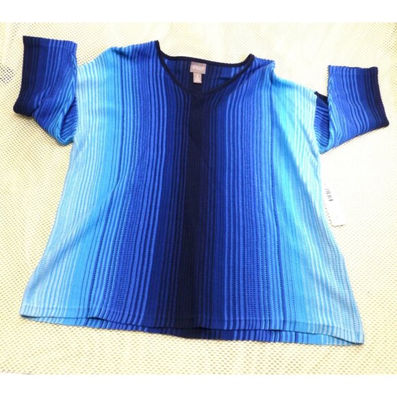 Chicos Ombre Stripe V-Neck Pullover Top Size 2 Midnight Blue Cold-Shoulder Style - Picture 1 of 12